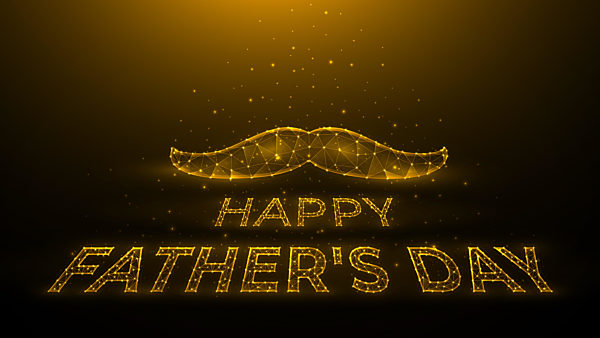 Happy Father's Day polygonal vector illustration on dark yellow background, mustache and lettering made from dots and lines. A holiday banner, template, or postcard.