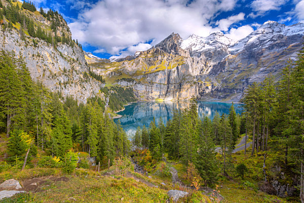 Panorama of Oeschinensee lake and Alps, Switzerland.