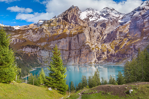 Panorama of Oeschinensee lake and Alps, Switzerland.