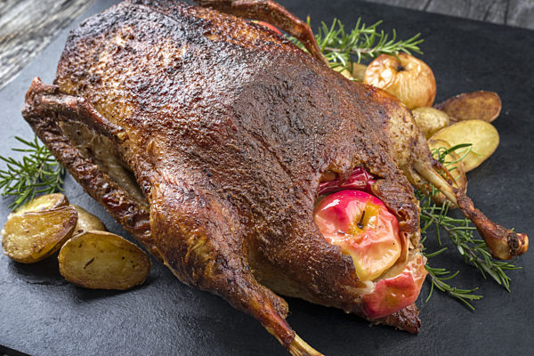 Barbecue Goose with Fruits and Potatoes