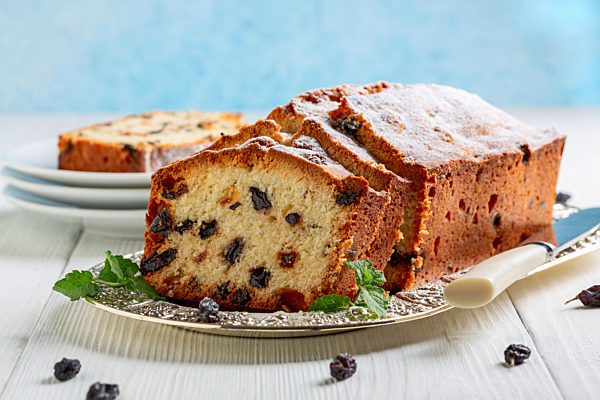 Homemade fruit cake with raisins.