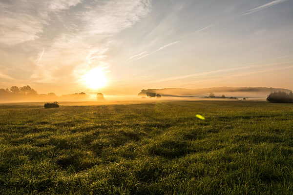 Beautiful sunset in rural landscape with sun rays shining through the morning fog