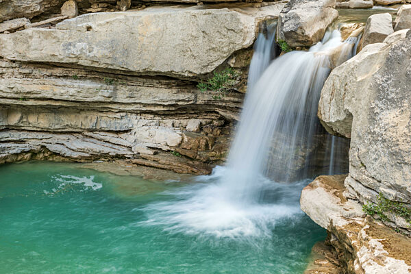 Cascade of emerald water in the gorges of the meouge.