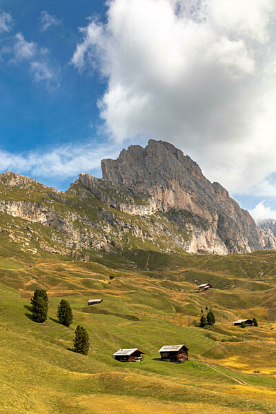 Huetten auf der Seceda unter den Geislerspitzen, Groeden, Suedtirol