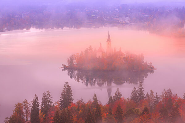 Lake Bled, Slovenia in autumn, St. Marys Church