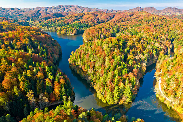 Trakoscan lake in colorful autumn forest aerial view