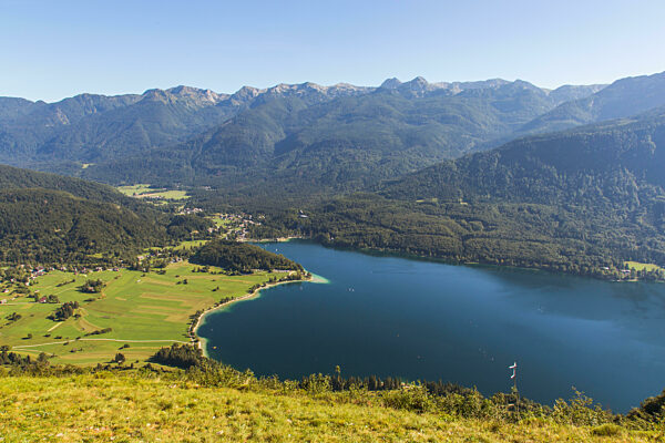 Beautiful Lake Bohinj surrounded by mountains of Triglav national park, Slovenia