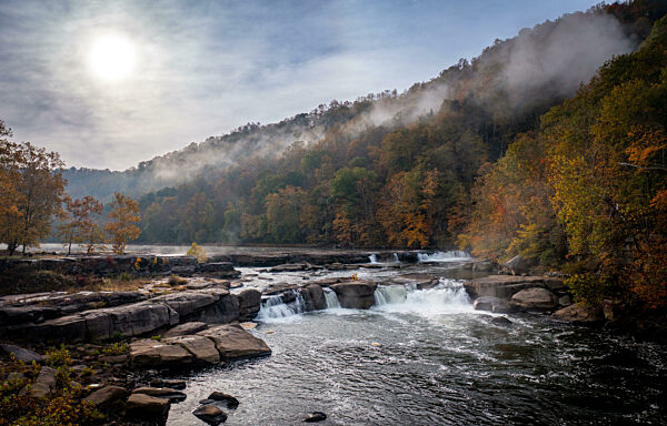 Panorama of the Valley Falls on a misty autumn day