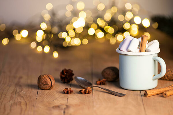 cup of hot chocolate with marshmallows cinnamon sticks cones and branches of spruce. the concept of cozy Christmas and New Year holidays