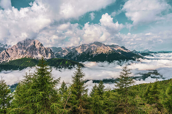 Panoramic view of the Sexten Dolomites in Italy.