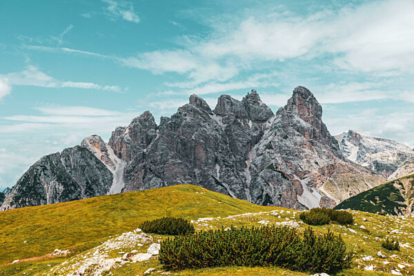 Panoramic view of the Sexten Dolomites in Italy.