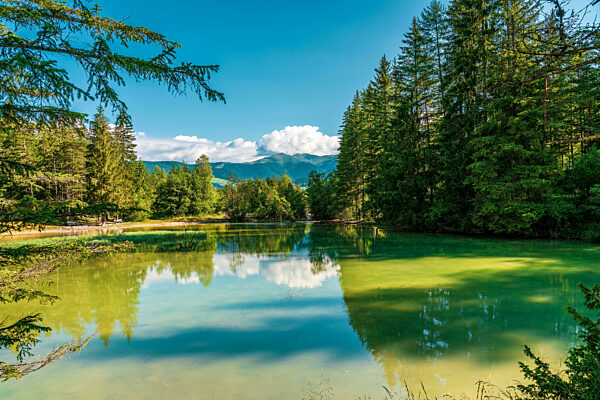 Panoramic view of Lake Dobbiaco ( Toblacher See ) in the Dolomites