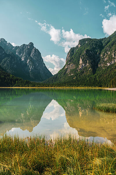 Panoramic view of Lake Dobbiaco ( Toblacher See ) in the Dolomites