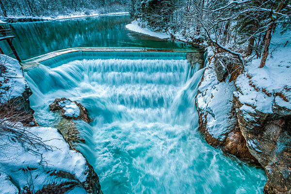 Waterfall in winter, Lechfall in Füssen, Bavaria Germany.
