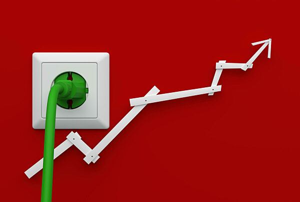 Power plug with rising arrow in front of background - 3D Illustration