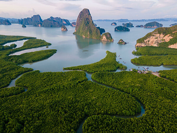 Sametnangshe, view of mountains in Phangnga bay with mangrove forest in andaman sea Thailand
