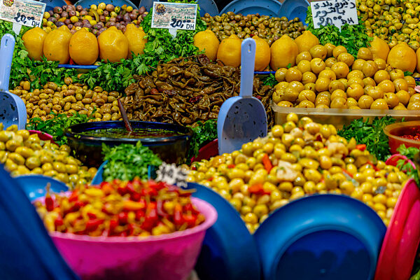 Small Fruits, Meats And Vegetables Are Sold In The Open Market In The City Of Fes, Morocco, Africa