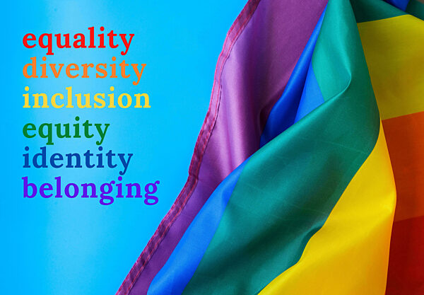 Rainbow flag with text EQUALITY DIVERSITY INCLUSION EQUITY IDENTITY BELONGING message. Rainbow lgbtq flag made from silk material. Symbol of LGBTQ pride month. Equal rights