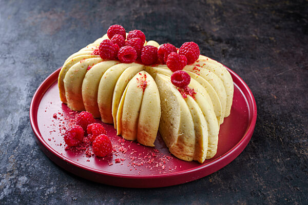 Traditional Italian vanilla cheese cake with fresh raspberries served as close-up on a design plate with copy space