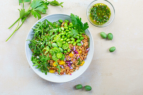 Healthy couscous salad with edamame beans