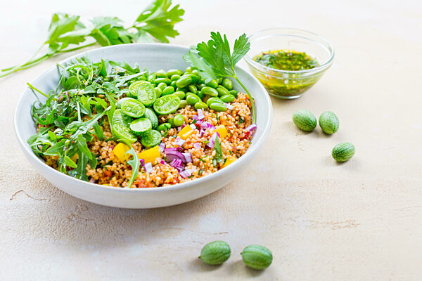 Healthy couscous salad with edamame beans