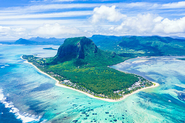 Aerial view of Mauritius island panorama and famous Le Morne Brabant mountain, beautiful blue lagoon and underwater waterfall