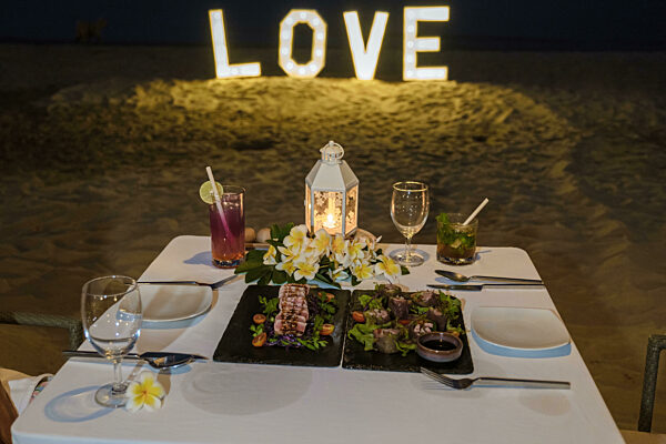 Romantic dinner on beach of Huahin Thailand, dinner by candle light in Hua Hin ,Valentine concept