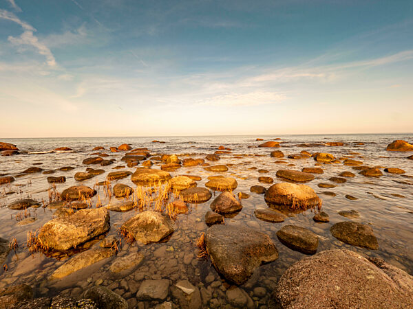 Evening Ruegen Island coast. Stony beavh bellow chalk cliffs in the mornin