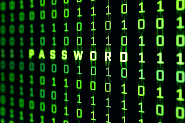 Password word on binary code background of a computer screen