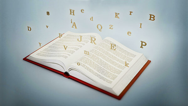 Open book with floating letters. 3D illustration