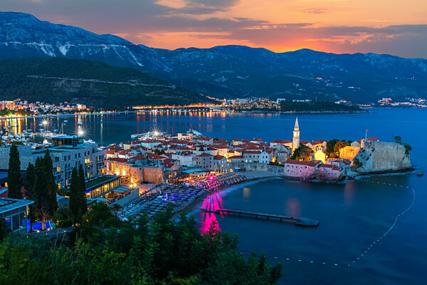 Budva old town evening aerial view, Montenegro