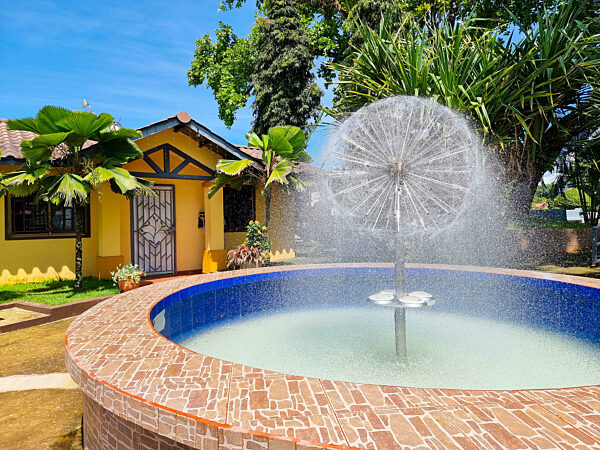 Panama, Gualaca town, modern fountain in central park.