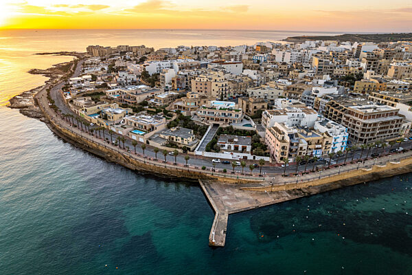 Marsaskala townscape at sunrise, Malta. Aerial drone view