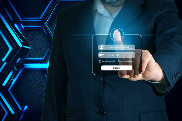 Businessman hand touching screen to login. Enter Username, Password for Login. Online Security