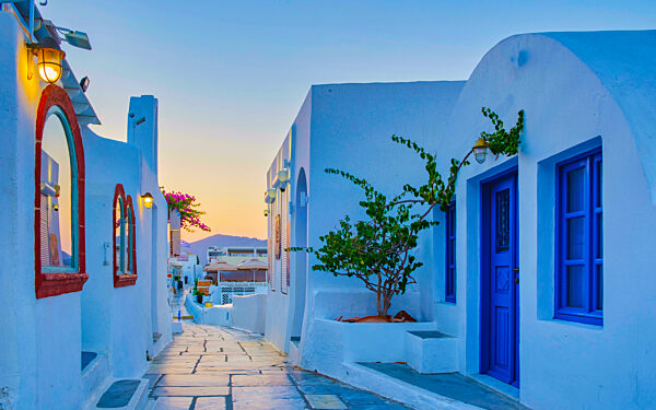 Sunset at the Greek village of Oia Santorini Greece with a view over the ocean caldera