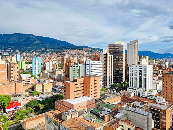 Colombia, Medellin, skyscrapers and historic buildings in the center