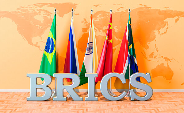 BRICS summit meeting concept, flags of all members BRICS in room. 3D rendering