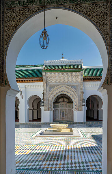 architectural detail of the inner courtyard of the University of al-Qarawiyyin and mosque in downtwon Fez