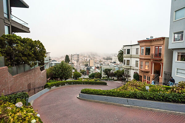 Famous Crookedest Lombard Street during fog, San Francisco