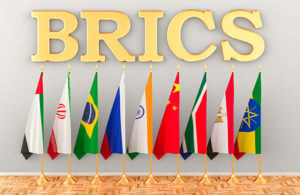 BRICS summit, flags of all new members BRICS. 3D rendering