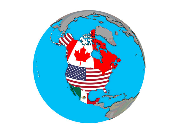 NAFTA memeber states with flags on globe isolated