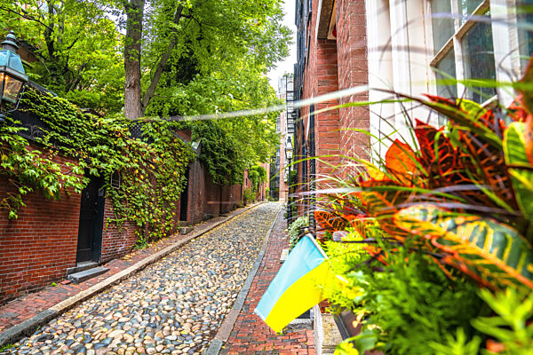 Historische gepflasterte Acorn Street in der Altstadt von Boston, Massachusetts