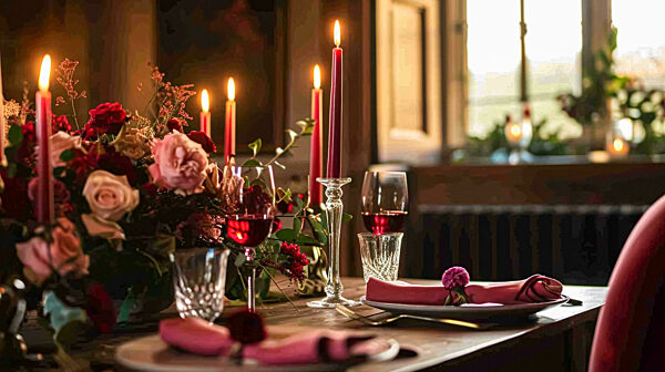 Festlich gedeckter Tisch mit Kerzen und Arrangement von schönen roten Blumen. Urlaubskonzept