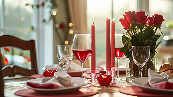 Festlich gedeckter Tisch mit Kerzen und Arrangement von schönen roten Blumen. Urlaubskonzept