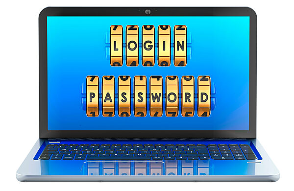 Laptop-Computer mit Login und Passwort auf dem Bildschirm. 3D-Rendering