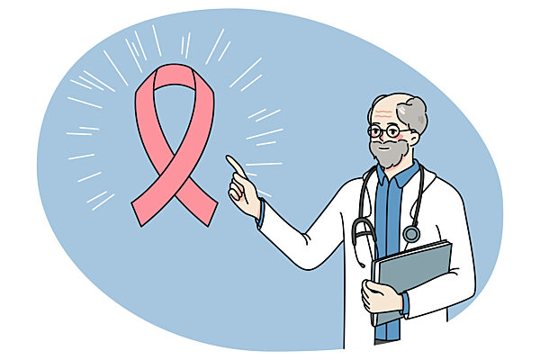 Männlicher Arzt zeigt auf rosa Schleife