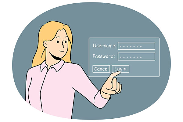 Geschäftsfrau tippt Benutzernamen und Passwort ein und meldet sich an
