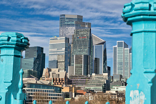 London Skyline Viewed Through Teal Railings