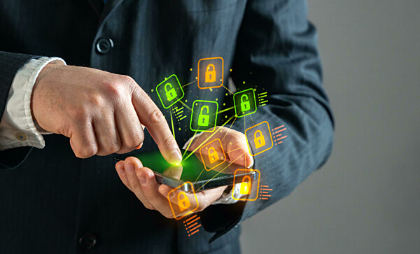 Businessman undergoes identification via mobile application. Digital state. Identification and access to state digital services and management. Crypto wallet with password. Security system.