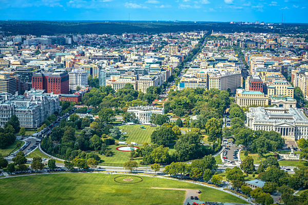 Washington DC Luftaufnahme. Rückseite des Weißen Hauses und 16th Street